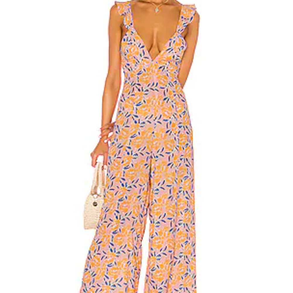 RESA Orange Floral V-Neck Wide-Leg Jumpsuit